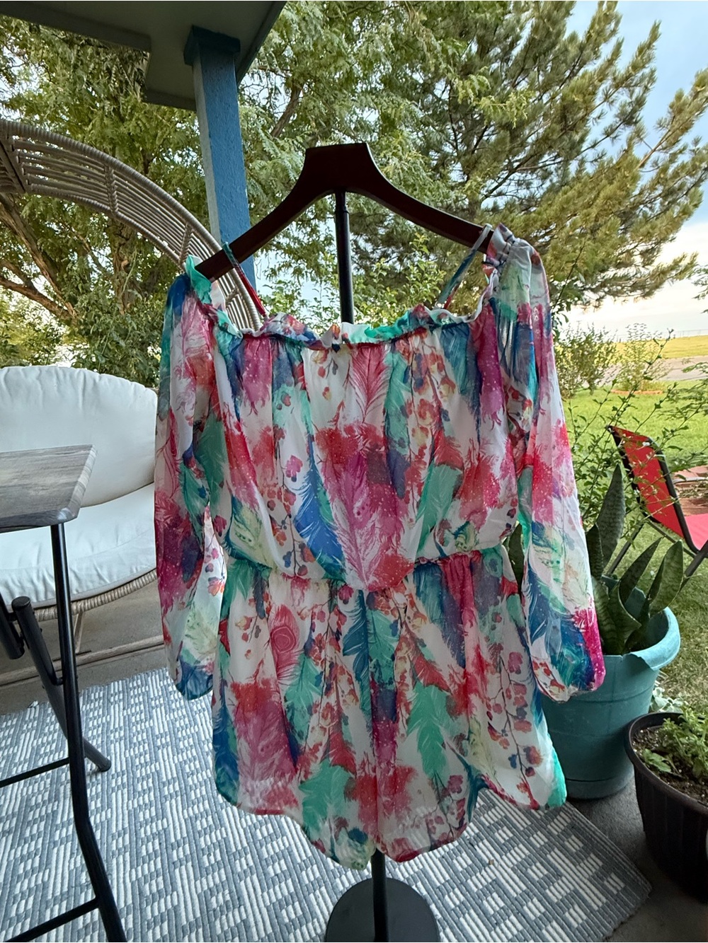 Peach Love California Multicolor Pink Blue Off-Shoulder  Feather Print Romper